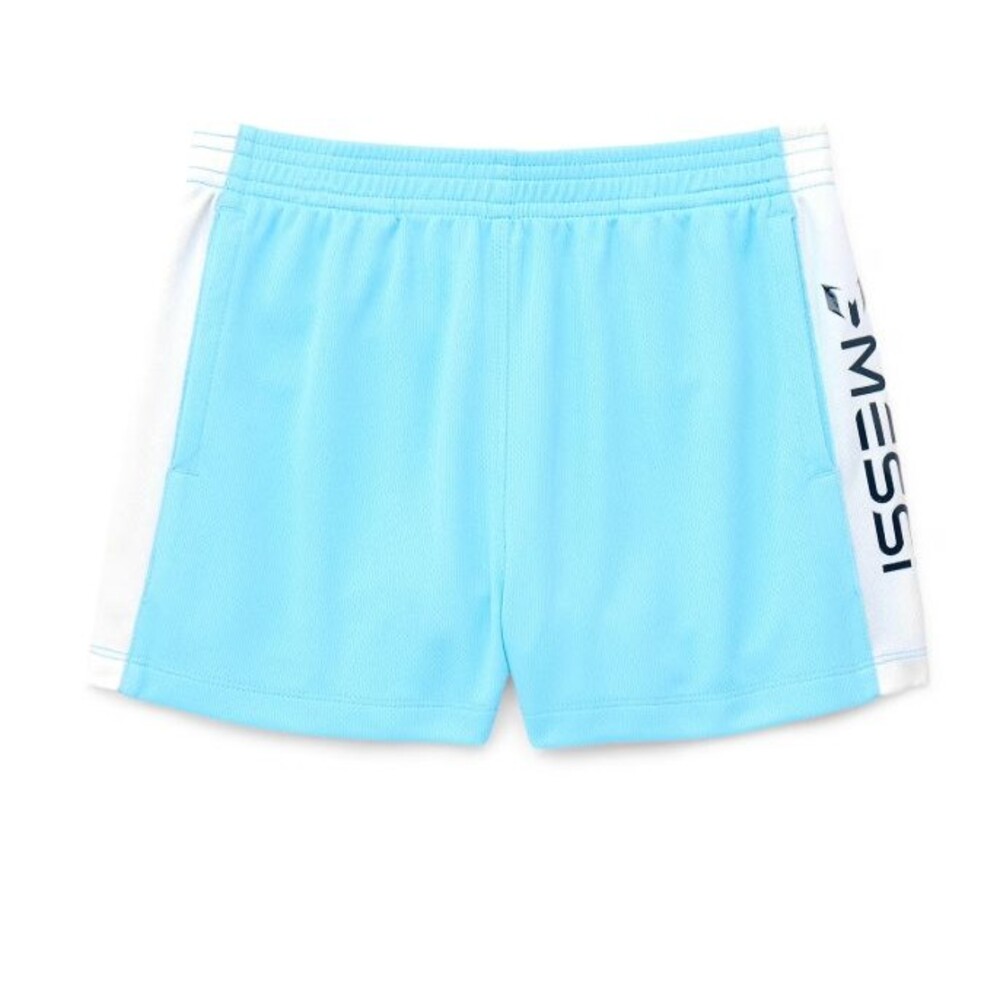 Messi Girls Athletic Logo Tape Shorts elasticized waist blue XS 4/5 Sportswear